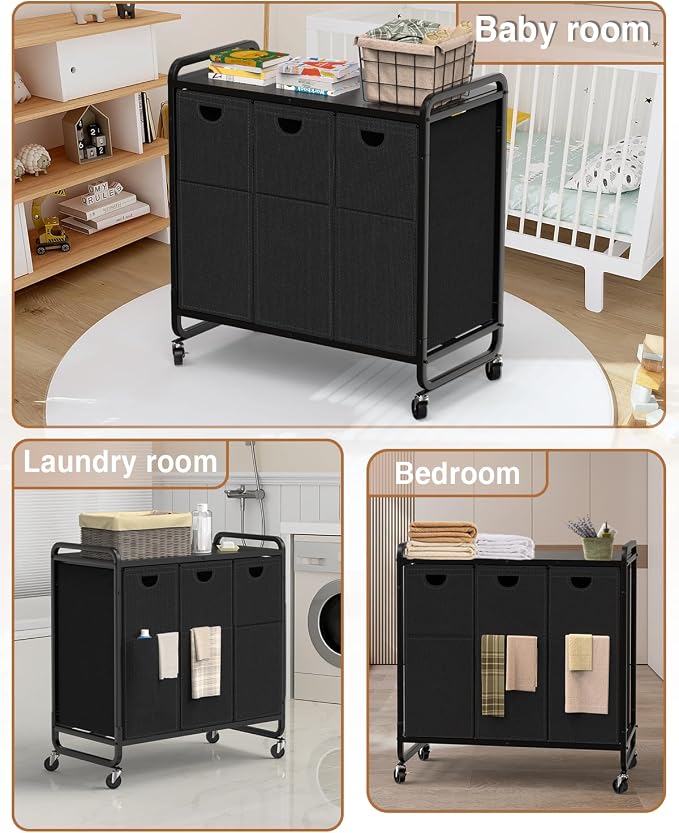 Laundry Sorter 3 Section,Laundry Basket with Wheels,3×15.8 Gal (60L) Black | Laundry Room Organization with Wooden Desktop Shelf,Pull-Out and Removable 900D Oxford Fabric Laundry Bags for Laundry Room