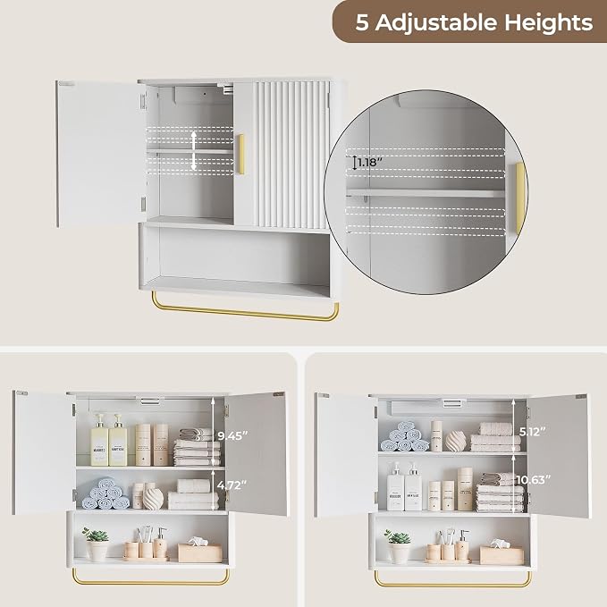 Bathroom Wall Cabinet, Medicine Cabinet with Fluted Door & Adjustable Shelf | Over The Toilet Storage Cabinet with Towel Bar, Space-Saving Cabinet Wall Mount for Laundry Room, Kitchen, Living Room