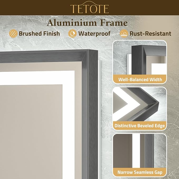 48 x 36 Bathroom LED Mirror Brushed Gunmetal Gray/Off‑Black Frame Frontlit & Backlit Vanity Mirror Anti-Fog Stepless Dimmable 3 Colors White/Warm/Natural Wall-Mounted