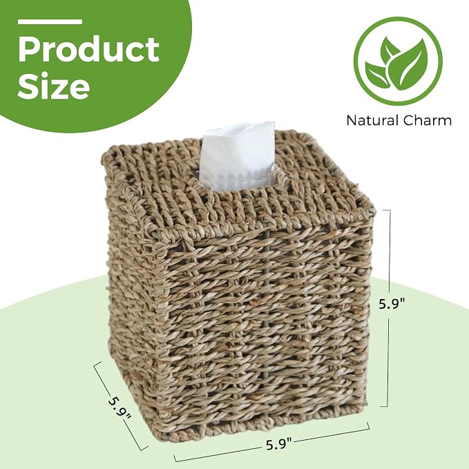 Seagrass Tissue Box Cover Square, Handwoven Facial Tissue Box Holder | Natural Seagrass, Decorative Cube Wicker Tissue Cover Tissue Holder for Bathroom Bedroom Office, Boho Decor