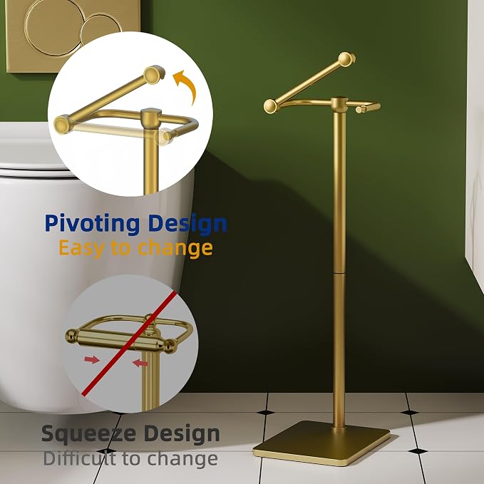RUACQ Bathroom Toilet Paper Holder Stand, Brushed Gold | Dual-Post Pivoting Free Standing Toilet Roll Holder with Weighted Base, Anti-drop Design 304 Stainless Steel Tissue Stand