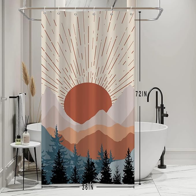 Stall Shower Curtain, Mid Century Boho Sunrise Small Shower Curtain Waterproof Abstract Terracotta Mountain Forest Narrow Shower Curtain Set with Hooks, 36x72 Inch