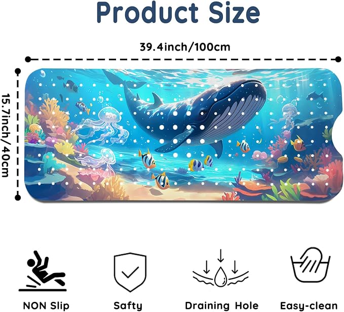 LNOND Bath Mat for Tub for Kids, Ocean Bathtub mat Non Slip,Blue Whales Bath Mats for Bathroom Non Slip with Drain Holes and Suction Cups,Machine Washable (40 X 16 Inch)