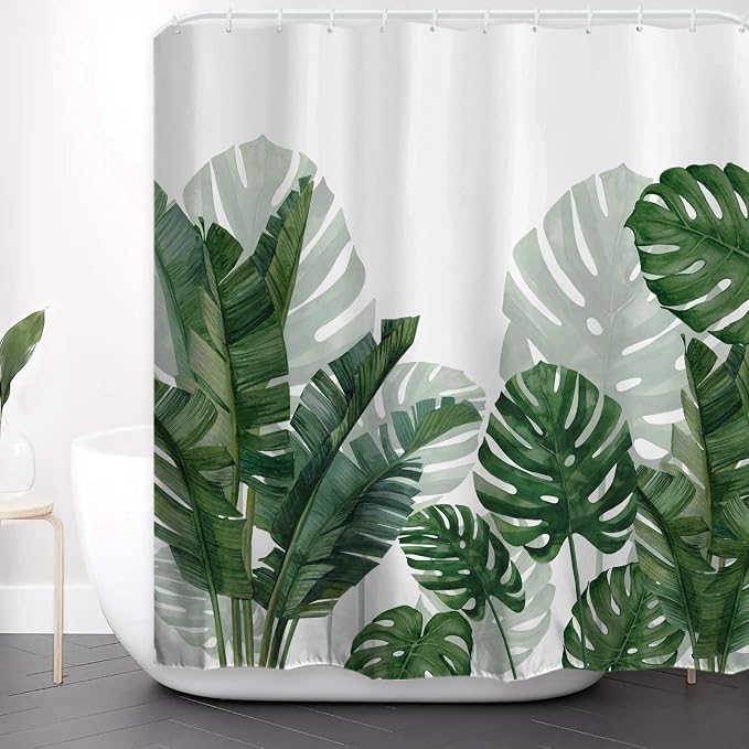 Baccessor Tropical Green Plant Shower Curtain Waterproof Washable Fabric Summer Bathroom Decor Botanical Banana Monstera Leaf Palm Tree Shower Curtain with Hooks 60 W x 72 L Inch