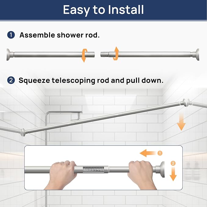ENJOYBASICS 1" Nickel Shower Curtain Rod, 30-88" Adjustable, Secure Tension | Easy No-Drill Installation, No Tools, No Gaps, Sturdy Rust-Resistant Steel, Sag-Resistant Design, Tubs, RVs, Apartments