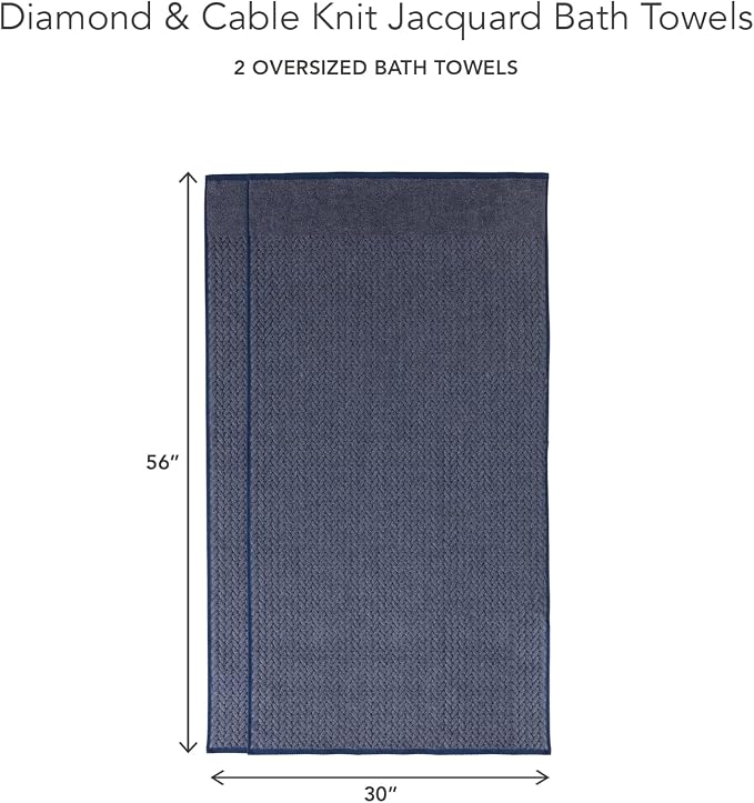 Texere 100% Organic Cotton Bathroom Towel, Textured Jacquard 650 GSM Premium Large Bath Towel Sets - Extra Absorbent Quick Dry and Plush (Cable, Estate Blue, 2 Bath Towels)
