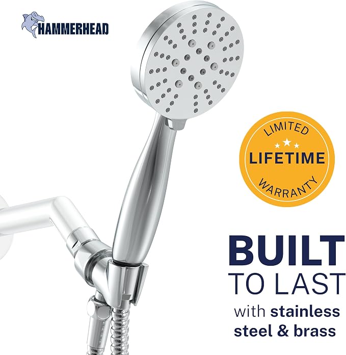 HammerHead Showers® Solid Metal 3-Spray Handheld Shower Head with Long Hose and Holder - CHROME - 2.5 GPM High Pressure Shower Head with Handheld Sprayer - WIDE, MASSAGE, and MIST Sprays