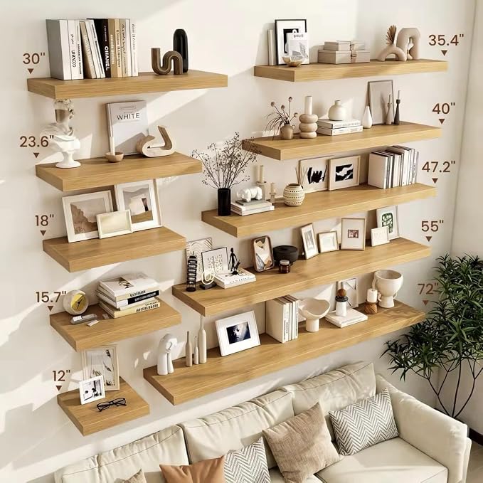 Vivelove Deep Floating Shelves 48x12” Set of 2, Oak | Easy Install With Hardware, 2" Thick, Invisible Brackets, Wall Mounted, No Sagging, For Any Room