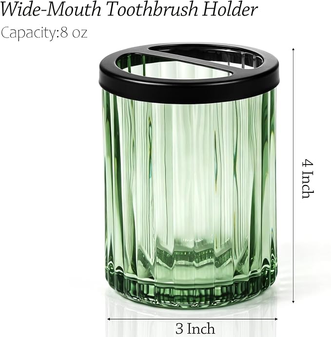 8oz Toothbrush Holders for Bathrooms, Green Striped Toothbrush Cup, Green | Bathroom Tumbler and Mouthwash Cup with Black Divider, Tooth Brush and Toothpaste Organizer for Countertop