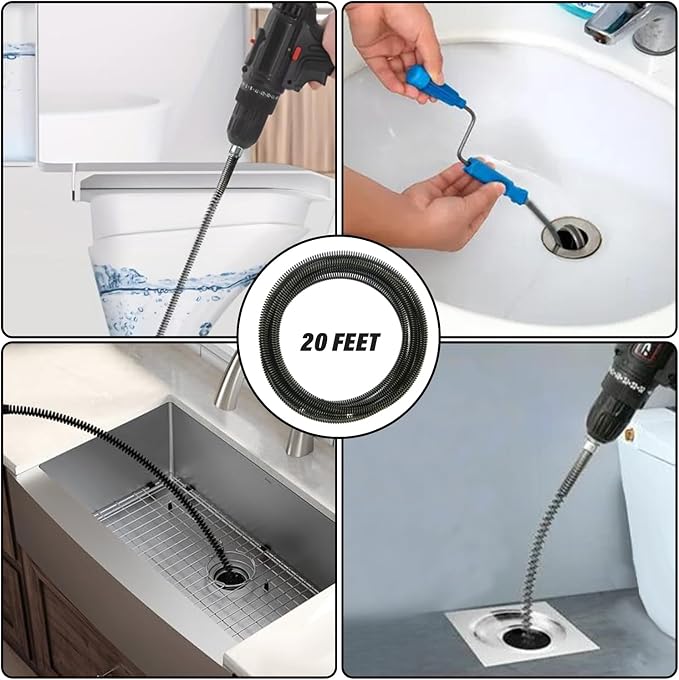 20ft x 1/2" Drain Snake Plumbing Pipe Cleaning Cable w/ 6 Cutters | Heavy-Duty Stainless Steel, Manual & Powered Adapter, Auto Feed, Hollow Core Design, Interchangeable Blades, for Sinks & Tubs