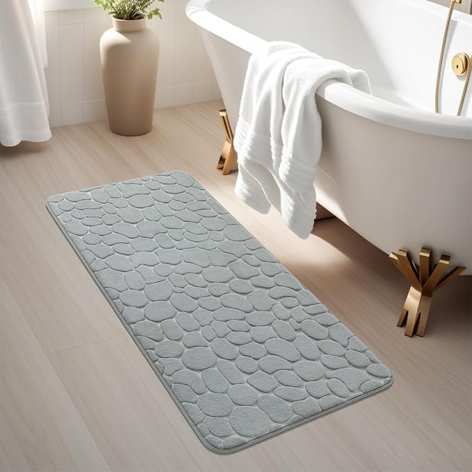 Memory Foam Runner Rug, Cobblestone Bathroom Runner Rugs Super Water Absorbent Bath Mats for Bathroom Machine Washable Bath Rugs for Hallway Bedroom Laundry Room(20 x 47,Light Gray)