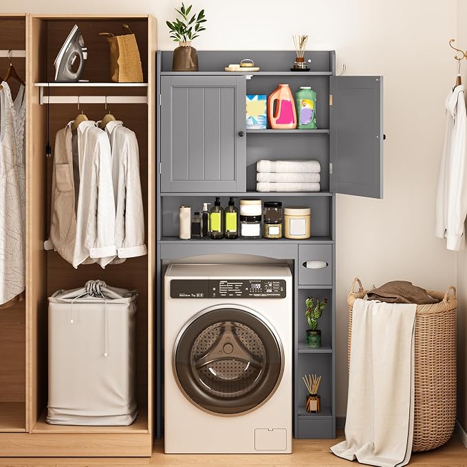 Over The Toilet Storage Cabinet, 32.3" W, Espresso | Over Toilet Bathroom Organizer with Doors, Adjustable Shelves, Toilet Paper Holder, 2 Side Hooks, for Bathroom, Laundry