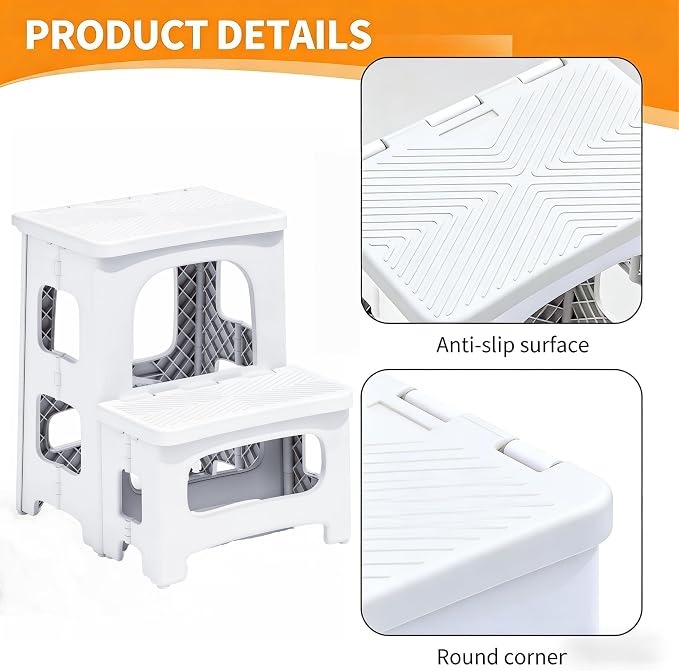 2 Step Stool Foldable, Non-Slip Steps, Folding Step Stool for Adults & Kids, Plastic Stool Pool Ladder, Collapsible Stools 2 Step Ladder for Kitchen Toilet Bedroom Office RV, Holds 330 lbs