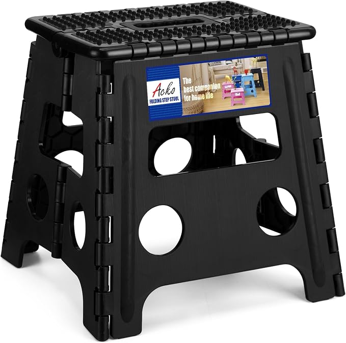 ACKO 13" Folding Step Stool, Non-Slip Surface for Adults & Kids, Dot Black | Collapsible Heavy Duty Foldable Stools, Portable Foot Stepping Stool Holds 300 lbs, Kitchen Bathroom Outdoor, Built-in Handle