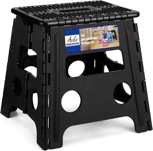 ACKO 13" Folding Step Stool, Non-Slip Surface for Adults & Kids, Dot Black | Collapsible Heavy Duty Foldable Stools, Portable Foot Stepping Stool Holds 300 lbs, Kitchen Bathroom Outdoor, Built-in Handle