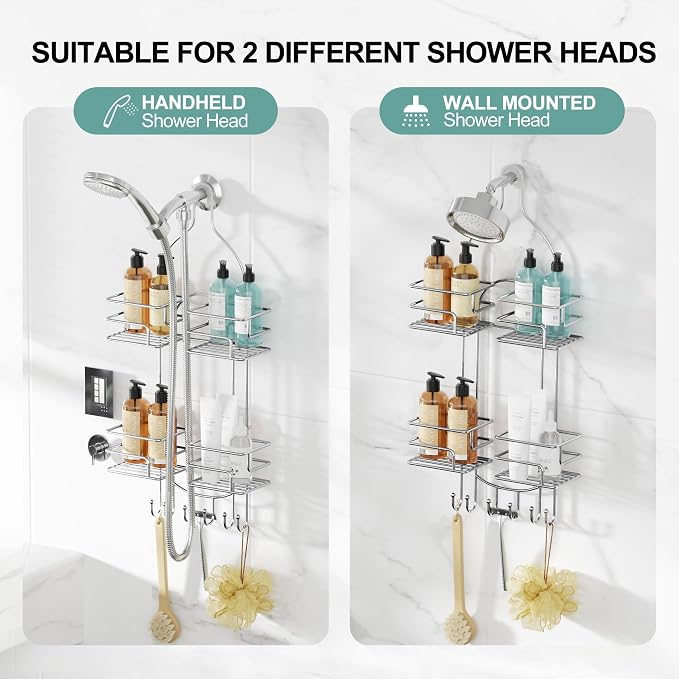 SRIWATANA Shower Caddy Hanging, Shower Organizer with Razor Hooks, Chrome | Rustproof Shower Rack, No Drilling Shelves Over Shower Head, Anti-Swing Scution Install, Bathroom Holder for Sponge Loofah