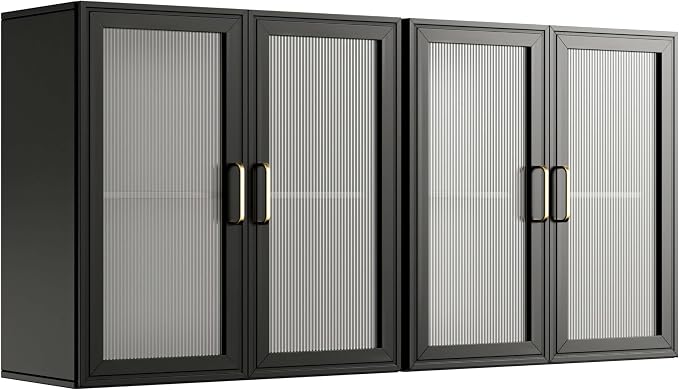 24”W Wall Cabinet with Acrylic Glass Doors Set of 2, Kitchen Wall Cabinets with Adjustable Shelf, Laundry Room Wall Mounted Cabinet, Bathroom Wall Cabinet with Light(Black)