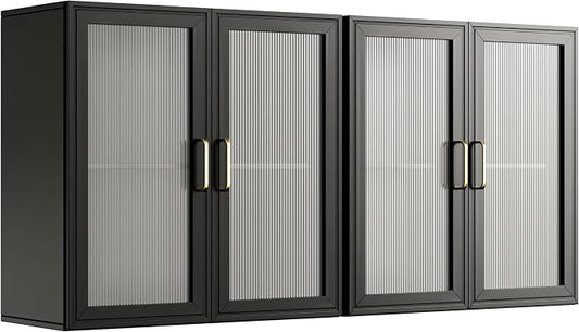 24”W Wall Cabinet with Acrylic Glass Doors Set of 2, Kitchen Wall Cabinets with Adjustable Shelf, Laundry Room Wall Mounted Cabinet, Bathroom Wall Cabinet with Light(Black)