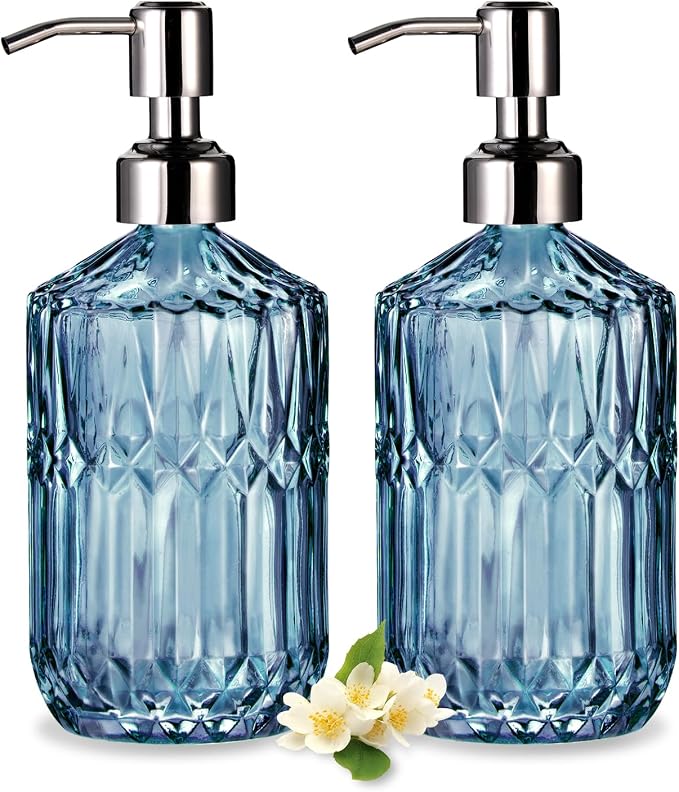 COHOSEGE 17 Oz Blue Glass Kitchen Soap Dispenser for Dish Soap, 2 Pack Bathroom Soap Dispenser Set with Silvery Rust Proof Pump for Lotion, Hand soap or Body Wash