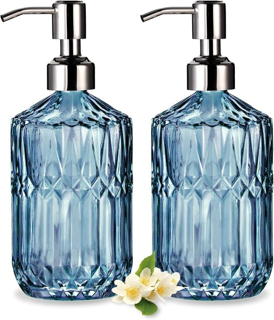 COHOSEGE 17 Oz Blue Glass Kitchen Soap Dispenser for Dish Soap, 2 Pack Bathroom Soap Dispenser Set with Silvery Rust Proof Pump for Lotion, Hand soap or Body Wash