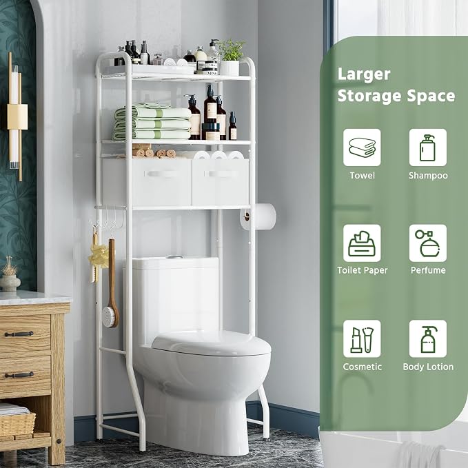 Simple Trending Over The Toilet Storage Rack with Drawers, Metal 3 Tier Bathroom Organizer Shelf with Paper Holder and 3 Hooks, White