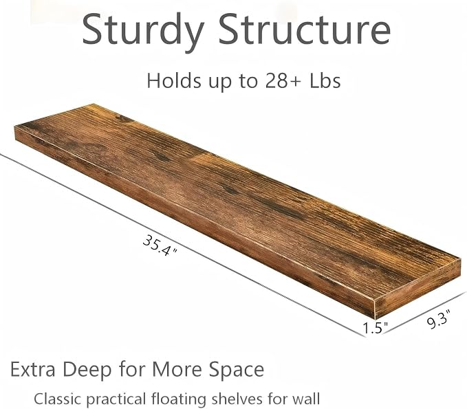 Vervida® Rustic Brown Floating Wall Shelves 35.4in Set of 3 Farmhouse | Rustic Brown Floating Shelves 35.4 x 9.3 in for Bathroom, Invisible Brackets Easy Install, Extra Long Farmhouse Decor Display
