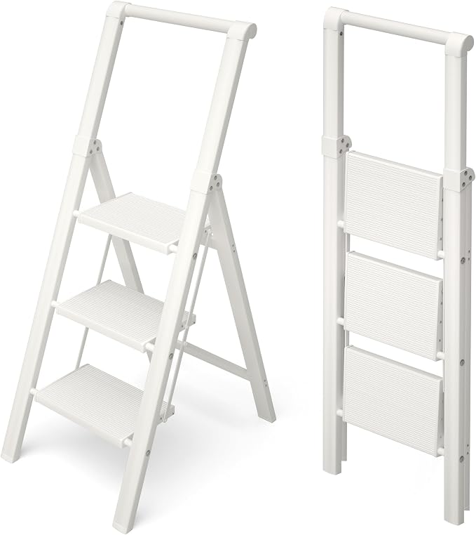 HillhutApex Aluminum 3 Step Ladder, Step Stool Foldable Ladder(White) | Anti-Slip Pedals,330lbs Capacity,Lightweight Folding Ladders for Home,Office,Libaray