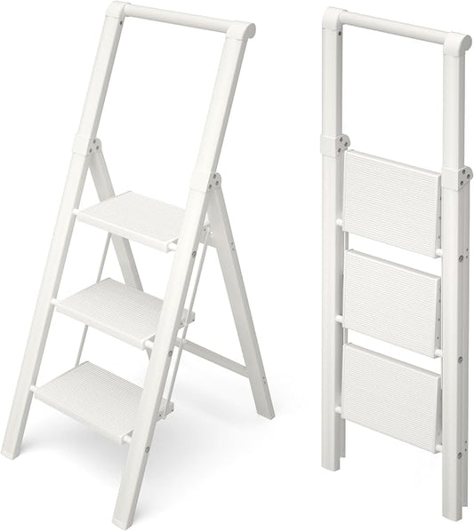 HillhutApex Aluminum 3 Step Ladder, Step Stool Foldable Ladder(White) | Anti-Slip Pedals,330lbs Capacity,Lightweight Folding Ladders for Home,Office,Libaray