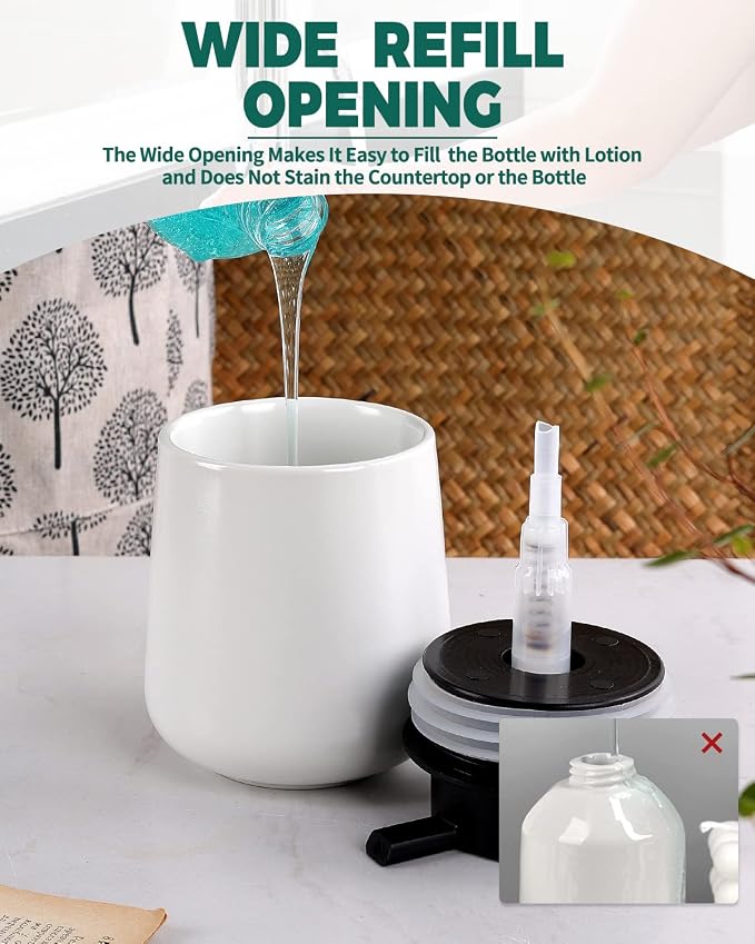 BosilunLife Ceramic Soap Dispenser - Dish Soap Dispenser for Bathroom 12Oz | Refillable Liquid Hand Wash Dispenser for Essential Oil, Lotion Soap, Matte White