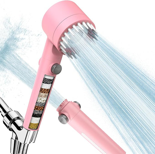 Filtered Shower Head with Handheld, High Pressure Water Flow and Multiple Spray Modes Shower Head with Filter, Power Wash for Hard Water, Showerhead with ON/OFF Switch for Pets Bath (Pink) | ON/OFF Switch,4 Spray,Built-in Power Wash,Detachable Showerhe...