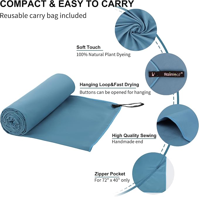 Rainleaf Microfiber Towel Quick Dry Camping & Travel & Gym Towel. Compact | Super Absorbent, Lightweight, Fast Drying. Suitable for Beach, Bath, Backpacking, Hiking, Swim.