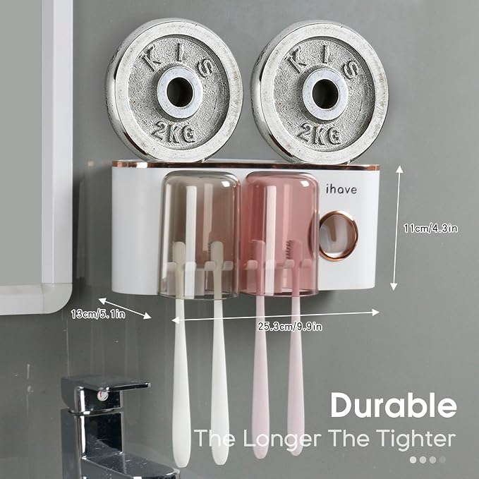 iHave Toothbrush Holders for Bathrooms Wall Mounted with Dispenser & 2 Cups | 6 Slots Wall Mount Toothbrush Holders for Bathrooms with Squeeze Toothpaste Dispenser, 2 Cups & 2 Compartments Organizer