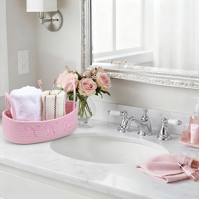 Vesici Pink Bow Woven Storage Basket for Toilet Tank Top with Handle | Cotton Rope Basket Holds Toilet Paper, 13x6x4 Inch Bathroom Organizer, Boho Pink Decor in Countertop Bedroom Nursery