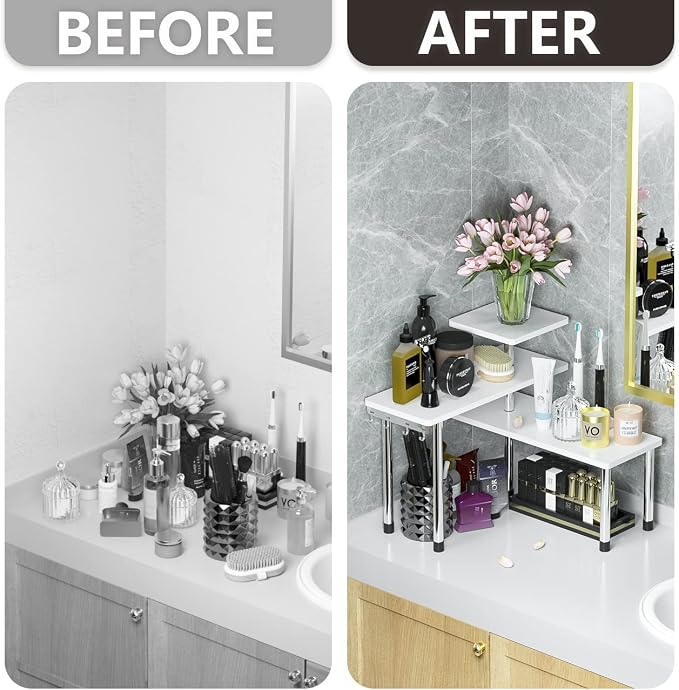 ZHWS Bathroom Counter Organizer Corner Shelf – Bathroom Organization Bamboo 3 Tier Spice Rack Makeup Organizer Bookshelf Space Saving Rack Kitchen Office Living Room (White)