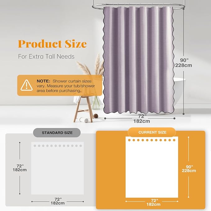 72x90 Boho Scalloped Linen Textured Cloth Shower Curtain Set, Lavender | Long Size, 230GSM Waterproof Polyester, Heavy Duty Fabric, 12 Plastic Hooks, Elegant Modern Farmhouse Style, Machine Washable