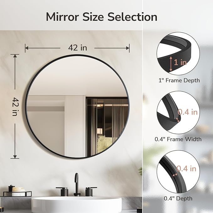 42 Inch Round Bathroom Mirrors for Over Sink | Circle Mirror with Metal Frame, Black Wall Mirror for Vanity, Entryway, Living Room, Hallway and Bedroom Decor