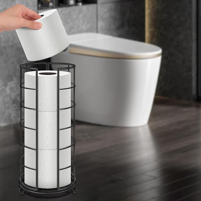 NearMoon Toilet Paper Organizer Stand, Free Standing 3 Rolls Tissue Storage, Metal Bathroom Accessory, Rustproof Toilet Roll Holder for Kitchen Countertop Inside Cabinet Shelf(Metal Base, Matte Black)