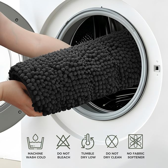 Bcoimo Bath Rug Mat Set, 2 Piece High Absorbent Chenille Bathroom Mat Black | Non Slip with Rubber Backing Bathroom Rugs set; Machine Washable;Extra Soft Bath Rug;High Absorbent、Quick Dry Microfiber mat