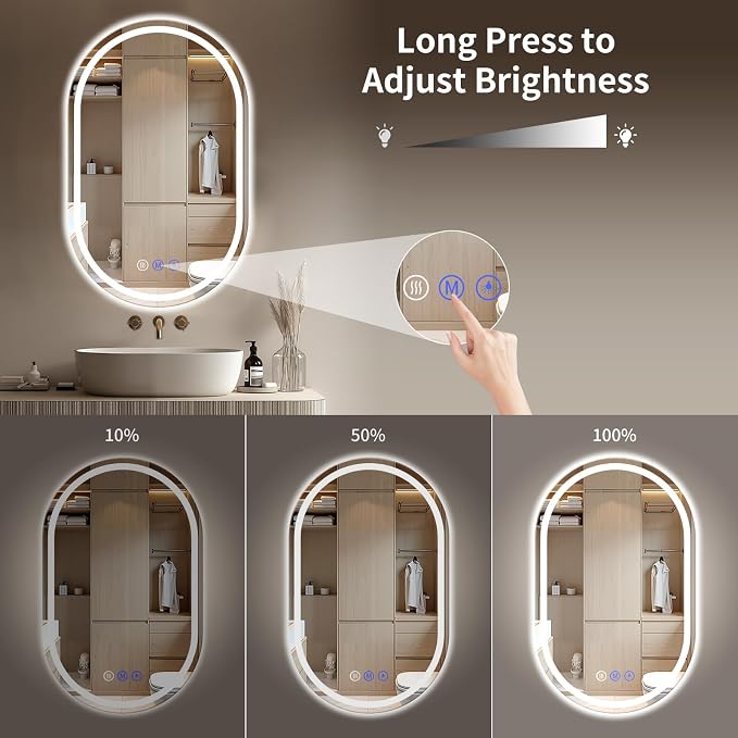 Oval LED Bathroom Mirror, 22"x 32" Frameless Lighted Mirror | LED Mirror with Front Light & Backlit, Anti-Fog, Dimmable Wall Mounted Lighted Mirror, Pill-Shaped Smart Bathroom Mirror