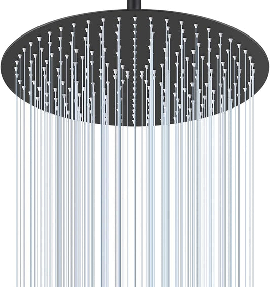 16 inch Matte Black Round Ceiling Rainfall Shower Head, All Metal Stainless Steel 304, Full Body Rainfall Shower with 230 Silicone Nozzles