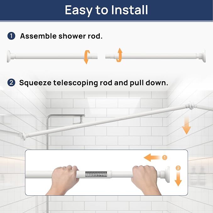 ENJOYBASICS 1" White Shower Curtain Rod, 30-88" Adjustable, Secure Tension | Easy No-Drill Installation, No Tools, No Gaps, Sturdy Rust-Resistant Steel, Sag-Resistant Design, Tubs, RVs, Apartments