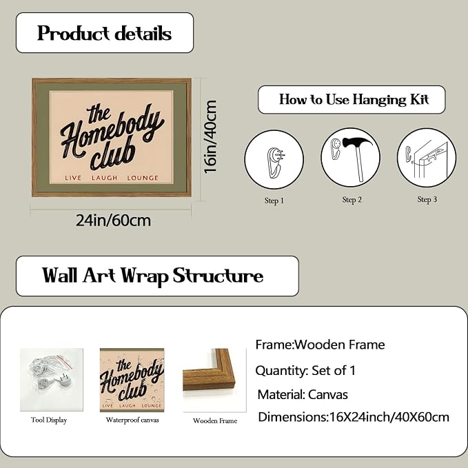 Funny the Homebody Club Sign Wall Art Vintage Homebody Wall Decor Picture Trendy Teen Boy Quote Room Poster Canvas Painting Print for Living Room Bedroom 16x24 inch Wood Framed