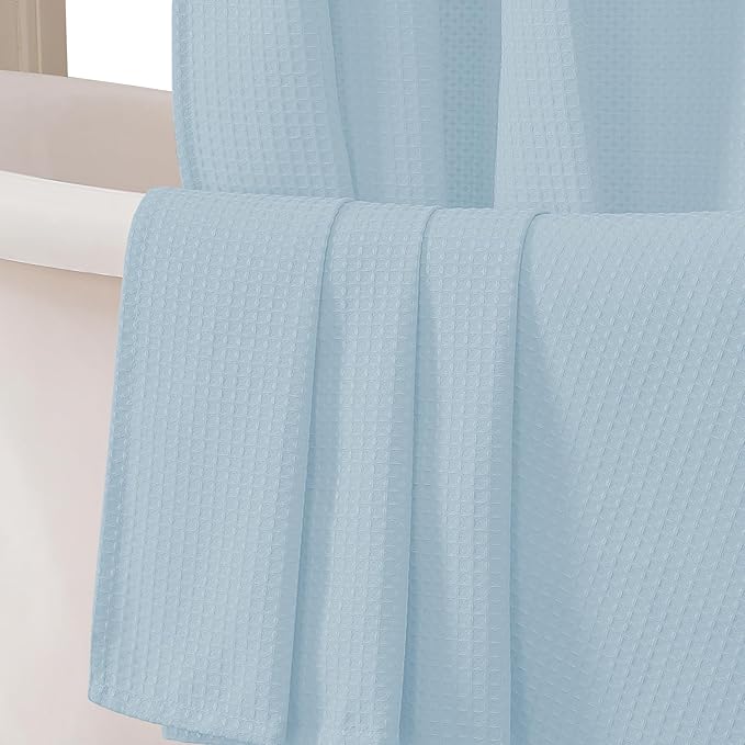 Extra Long Shower Curtain Set - 84 Inch Long Waffle Weave Heavy Duty Cloth Shower Curtain for Bathroom, Luxury Weighted 230GSM Bath Curtain Set with 12 Plastic Hooks, 72Wx84L, Glacier Blue