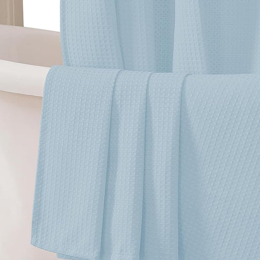 Extra Long Shower Curtain Set - 84 Inch Long Waffle Weave Heavy Duty Cloth Shower Curtain for Bathroom, Luxury Weighted 230GSM Bath Curtain Set with 12 Plastic Hooks, 72Wx84L, Glacier Blue