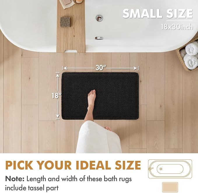 MIULEE Set of 2 Waffle Bathroom Rugs Boho Bath Mat Black 18x30 Inch | Non Slip, Super Absorbent, Washable, Ultra Soft, Rubber Backed Bath Rugs for Bathroom Floor Tub Shower