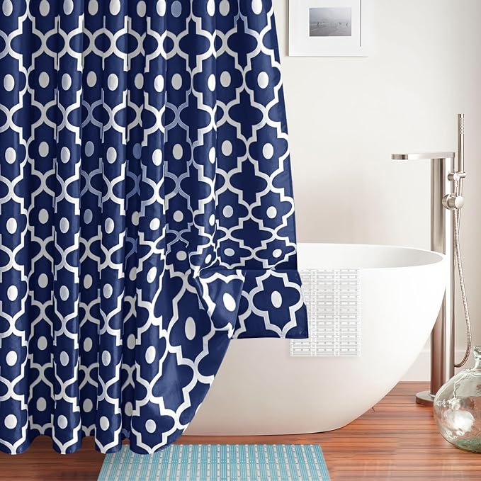 Biscaynebay Textured Fabric Shower Curtains for Bathroom 72" X 72", Navy Morocco Pearl Printed Modern Hotel Luxury Quality Cloth Bath Curtain Machine Washable