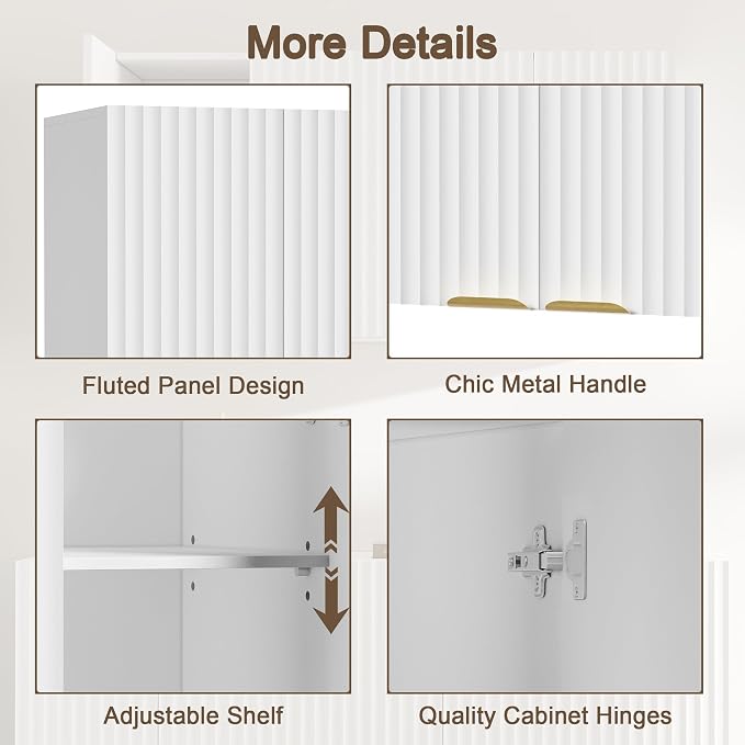 ChooChoo Bathroom Wall Cabinet, Laundry Room Cabinet with 4 Fluted Doors | Kitchen Storage Cupboard Cabinet with Adjustable Shelf, Fluted Wall-Mounted Medicine Cabinet for Kitchen, Garage, White