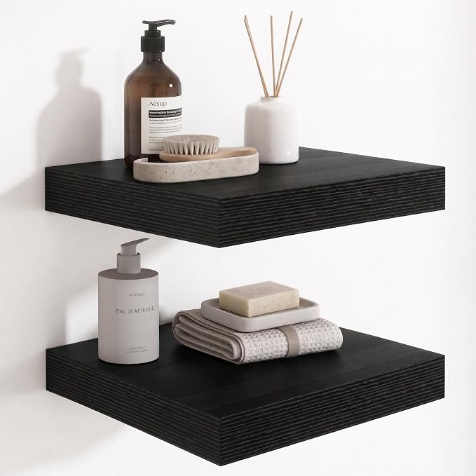Deep Floating Shelves for Wall, 12 Inch Wide Small Wall Shelves Set of 2, 2 Inch Thick Invisible Wall Mounted Shelves for Bathroom Bedroom Nursery,Black