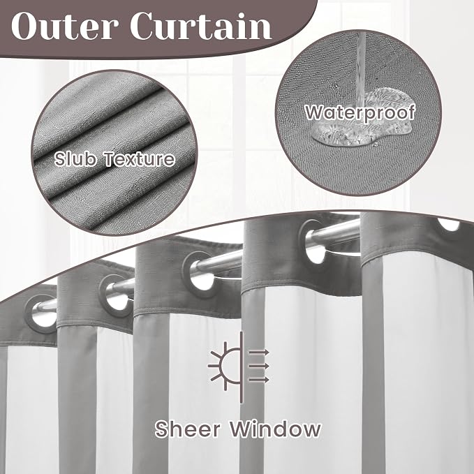 SORTTO No Hook Slub Shower Curtain with Liner, 71x74, Grey | Snap in Liner, 3 in 1, Bamboo Texture, Hotel Style, Waterproof Fabric, Mesh Top Window, Corner Magnets, Machine Washable