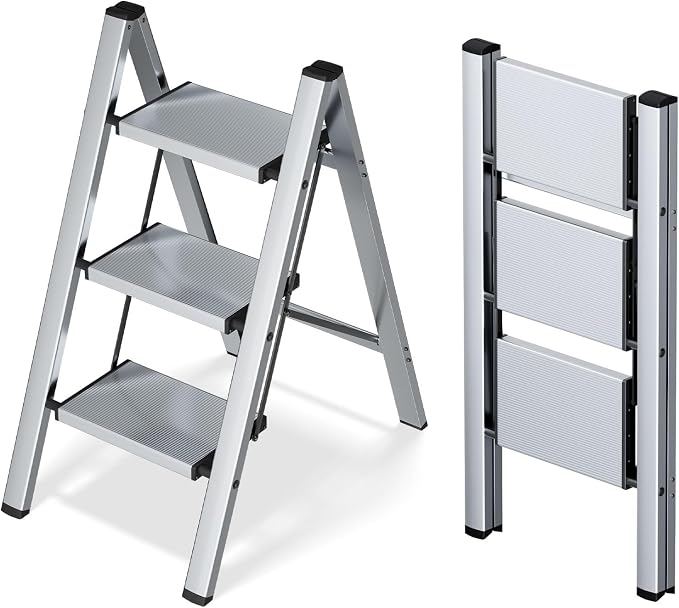 Taranta 3 Step Stool Foldable,Aluminum Step Ladder-Sliver | Lightweight,Wide Anti-Slip Pedals,Folding Step Stool,330lbs Capacity for Household,Kitchen,Office